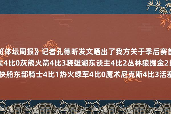 《体坛周报》记者孔德昕发文晒出了我方关于季后赛首轮的赛果瞻望：西部雷霆4比0灰熊火箭4比3骁雄湖东谈主4比2丛林狼掘金2比4快船东部骑士4比1热火绿军4比0魔术尼克斯4比3活塞步行者4比3雄鹿    体育集锦